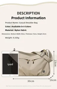 Detailed view of water-resistant nylon shoulder bag with size comparison to an iPad
