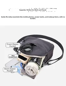 Vue détaillée du sac bandoulière en nylon gris foncé avec compartiments multiples