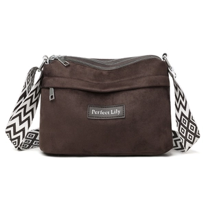 Minimalist brown suede crossbody bag with stylish patterned wide shoulder strap