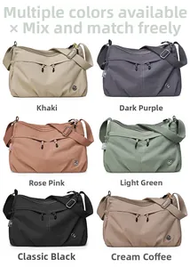 Water-resistant nylon crossbody bag shown in six colors with multi-pocket detail