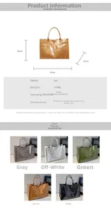 Detail showing high-capacity PVC tote bag dimensions and glossy waterproof material
