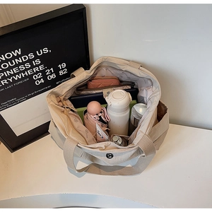 Top view of spacious nylon tote bag interior with multiple pockets and storage space