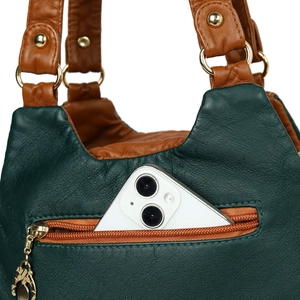 Retro two-tone leather handbag in dark green with a functional rear zipper pocket