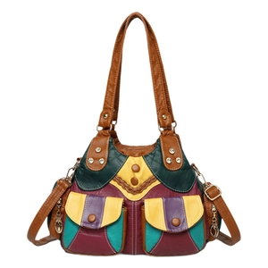 Multicolor patchwork leather handbag for women with dual pockets and adjustable strap