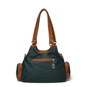 Retro soft leather green and brown tote bag with multiple zip pockets and large capacity