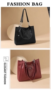 Detail of woven PU leather texture on black and burgundy tote bags with chain straps