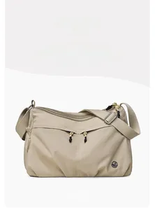 Front view of khaki water-resistant nylon crossbody bag with multi-zipper pockets