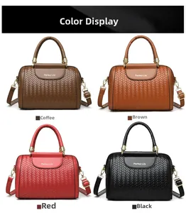 Detailed view of woven texture tote bags in brown red and black with round handles