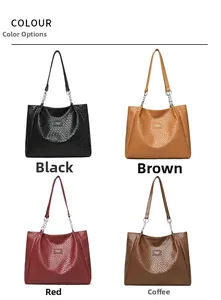 Detail view of woven texture tote bags in four colors with silver chain straps
