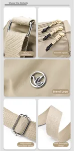 Detail view of khaki nylon shoulder bag featuring smooth zippers and metal hardware