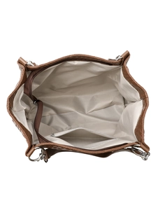 Interior view of brown woven tote bag featuring herringbone lining and zipper pocket