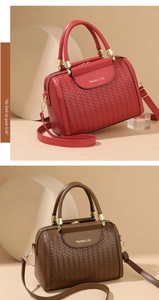 Close-up of woven leather texture and gold hardware on red and brown bucket bags