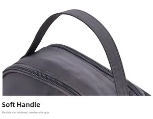 Détail des poignées renforcées et des doubles fermetures éclair d'un sac cabas en nylon