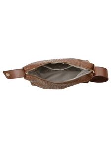 Detail view showing brown woven texture, gold zipper, and spacious herringbone lining