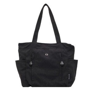 Minimalist black nylon tote bag with multiple pockets and double shoulder straps
