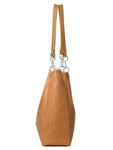 Detail of caramel woven PU leather texture and silver chain links on a large tote bag