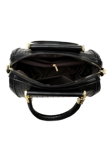 Detail view of the black woven handbag featuring its inner compartments and gold zipper