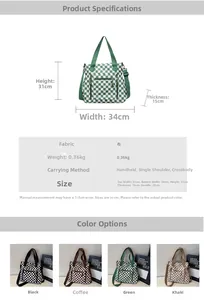 Detailed size chart for checkerboard tote bag showing dimensions 34x31x15 cm and specs
