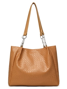 Detail of caramel woven leather tote bag with silver chain strap and large capacity