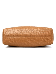 Detailed base view of a brown woven PU leather tote bag showing neat stitching and texture