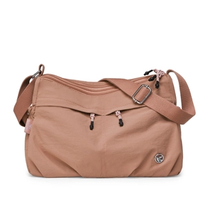 Waterproof nylon crossbody bag in dusty pink with adjustable strap and metal bird logo
