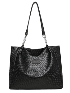 Close-up of black woven PU tote bag featuring a leather brand label and metal chain straps