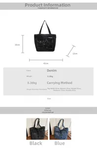 Detail showing dimensions and two classic colors of the large denim tote bag