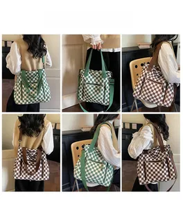 Detail shots of checkerboard tote bag showing various carrying styles and color options