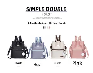 Dettaglio degli zaini in tessuto Oxford nei colori nero, grigio, beige e rosa