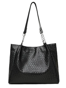 Detailed view of black woven texture tote bag featuring silver chain straps and PU finish