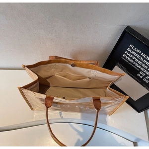 Detail of transparent PVC tote bag with brown leather trim and inner zipper pocket