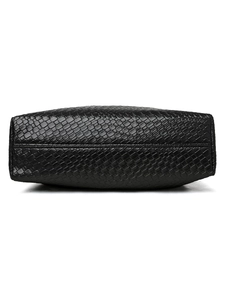 Detailed view of the woven leather texture and sturdy bottom stitching on the black tote bag