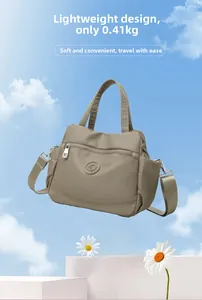 Lightweight khaki nylon handbag with adjustable strap weighing only 0.41KG for travel
