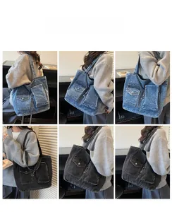 Detailed views of a large denim tote bag featuring functional front flap pockets and straps