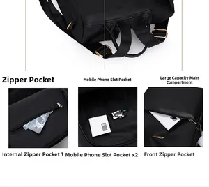 Dettaglio dello zaino in nylon con tasche interne multiple e cerniere dorate eleganti