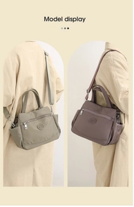 Detailed comparison of beige and purple nylon multi-pocket crossbody bags with adjustable straps