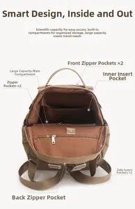 Interior view of brown nylon backpack showing large capacity and multiple compartments