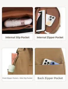 Detail view of khaki nylon backpack showing multi-pocket storage and functional zippers