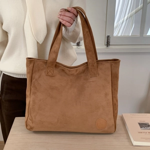 Brown minimalist suede tote bag with large capacity and vintage shoulder strap style