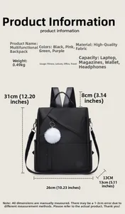 Detailed size chart for black oxford backpack showing dimensions 31x26x13cm and capacity