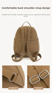 Detail of adjustable shoulder straps and silver metal buckles on a nylon backpack
