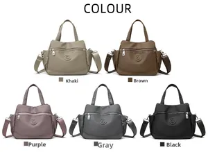 Five assorted nylon crossbody bags in khaki, brown, purple, gray, and black colors
