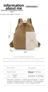 Waterproof nylon backpack dimensions and capacity layout showing pockets and 9.7 inch iPad fit