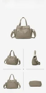 Detail view showing khaki nylon shoulder bag from five angles with adjustable strap