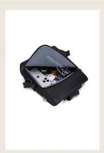 Detail of a large capacity oxford backpack showing multiple compartments and interior storage