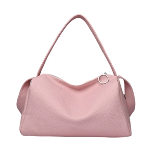 Pink lychee grain leather shoulder bag with minimalist design and silver ring zipper