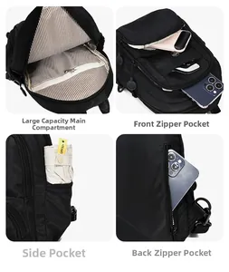 Detail view of multifunctional backpack showing striped lining and multi-pocket storage