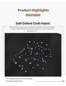 Waterproof detail of black Oxford fabric on versatile backpack showing water droplets