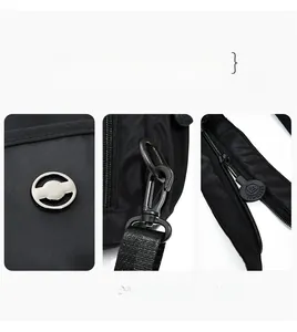 Detail view of silver hardware, swivel metal clasp, and wide nylon shoulder strap on the bag