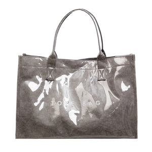 Minimalist dark gray DuPont paper tote bag with glossy texture and white text print